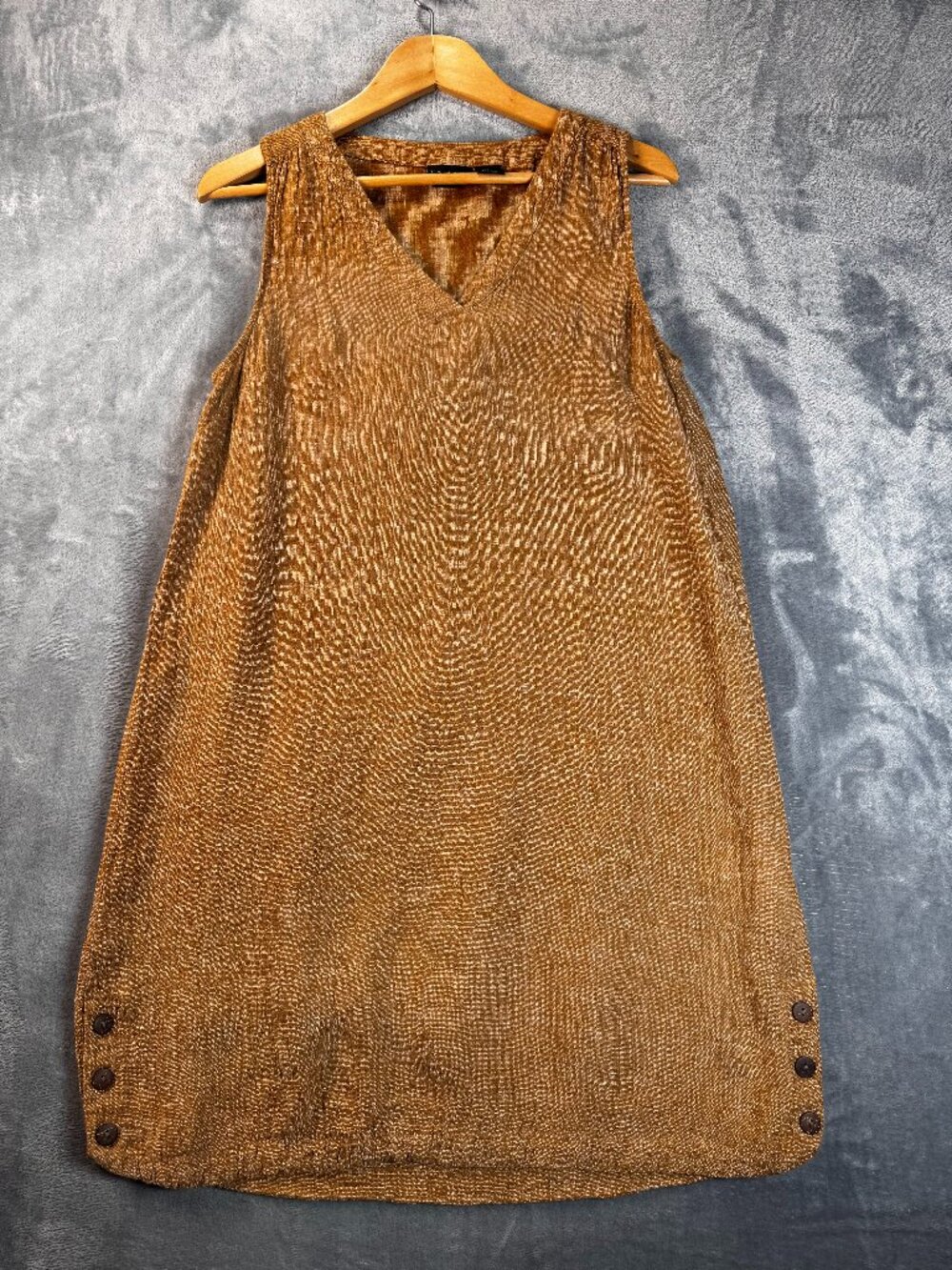 Tahari 100% Linen Tunic Dress Small Rustic Brown Sleeveless V Neck Midi